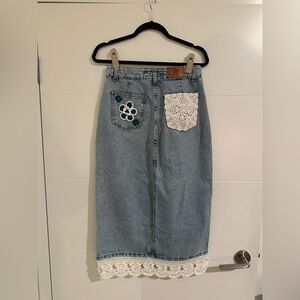 Denim Midi Skirt with Bohemian Crochet Details